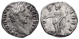 Antoninus Pius, AD 138-161. AR, Denarius. 2.62 g. 17.85 mm. Rome.
Obv: ANTONINVS AVG PIVS P P. Head of Antoninus Pius, laureate, right.
Rev: COS IIII....