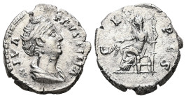 Diva Faustina I, AD 140-141. AR, Denarius. 2.68 g. 17.61 mm. Rome.
Obv: DIVA FAVSTINA. Bust of Faustina I, draped, right, hair elaborately waved in se...