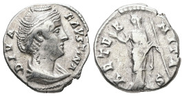 Diva Faustina I, died AD 140/1. AR, Denarius. 2.91 g. 17.62 mm. Rome.
Obv: DIVA FAVSTINA. Bust of Faustina I, draped, right, hair elaborately waved in...