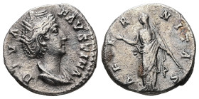 Diva Faustina I, died AD 140/1. AR, Denarius. 2.93 g. 17.59 mm. Rome.
Obv: DIVA FAVSTINA. Bust of Faustina I, draped, right, hair elaborately waved in...