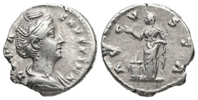 Diva Faustina, died AD 140/1. AR, Denarius. 3.18 g. 17.02 mm. Rome.
Obv: DIVA FAVSTINA. Bust of Faustina I, draped, right, hair elaborately waved in s...