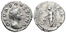 Diva Faustina, Died AD 140/1. AR, Denarius. 3.18 g. 17.82 mm. Rome.
Obv: DIVA FAVSTINA. Bust of Faustina I, draped, right, hair elaborately waved in s...