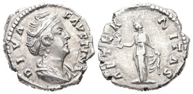 Diva Faustina, Died AD 140/1. AR, Denarius. 3.18 g. 19.02 mm. Rome.
Obv: DIVA FAVSTINA. Bust of Faustina I, draped, right, hair elaborately waved in s...