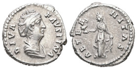 Diva Faustina, Died AD 140/1. AR, Denarius. 3.26 g. 17.84 mm. Rome.
Obv: DIVA FAVSTINA. Bust of Faustina I, draped, right, hair elaborately waved in s...