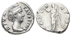 Diva Faustina, died AD 140/1. AR, Denarius. 3.29 g. 17.51 mm. Rome.
Obv: DIVA FAVSTINA. Bust of Faustina I, draped, right, hair elaborately waved in s...