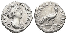 Diva Faustina, died 140/1. AR, Denarius. 3.35 g. 17.85 mm. Rome.
Obv: DIVA FAVSTINA. Bust of Faustina I, draped, right, hair elaborately waved in seve...