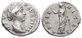 Diva Faustina, died AD 140/1. AR, Denarius. 3.35 g. 18.32 mm. Rome.
Obv: DIVA FAVSTINA. Bust of Faustina I, draped, right, hair elaborately waved in s...