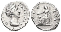 Diva Faustina, AD 140-141. AR, Denarius. 3.42 g. 18.41 mm. Rome.
Obv: DIVA FAVSTINA. Bust of Faustina I, draped, right, hair elaborately waved in seve...