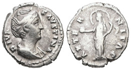 Diva Faustina, Died AD 140/1. AR, Denarius. 3.42 g. 18.54 mm. Rome.
Obv: DIVA FAVSTINA. Bust of Faustina I, draped, right, hair elaborately waved in s...