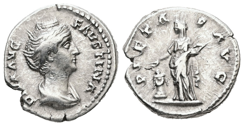 Diva Faustina, died AD 140/1. AR, Denarius. 3.46 g. 17.61 mm. Rome.
Obv: DIVA AV...