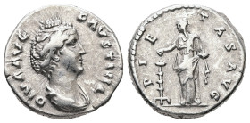 Diva Faustina, died AD 140/1. AR, Denarius. 3.51 g. 17.31 mm. Rome.
Obv: DIVA AVG FAVSTINA. Bust of Faustina I, draped, right, hair elaborately waved ...