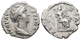 Diva Faustina, AD 140-141. AR, Denarius. 3.51 g. 17.94 mm. Rome.
Obv: DIVA FAVSTINA. Bust of Faustina, draped, right, hair elaborately waved in severa...