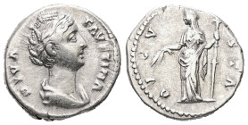 Diva Faustina, Died AD 140/1. AR, Denarius. 3.59 g. 17.35 mm. Rome.
Obv: DIVA FAVSTINA. Bust of Faustina I, draped, right, hair elaborately waved in s...