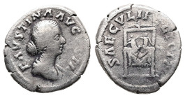 Faustina II, AD 147-175. AR, Denarius. 2.88 g. 18.33 mm. Rome.
Obv: FAVSTINA AVGVSTA. Bust of Faustina II, diademed, hair waved and fastened in a bun ...
