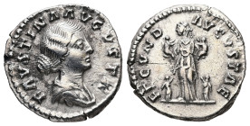 Faustina II, AD 147-175. AR, Denarius. 2.88 g. 17.56 mm. Rome.
Obv: FAVSTINA AVGVSTA. Bust of Faustina II, bare-headed, hair waved and fastened in a b...