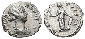 Faustina II, AD 147-175. AR, Denarius. 3.12 g. 17.39 mm. Rome.
Obv: FAVSTINA AVGVSTA: Bust of Faustina the Younger, bare-headed, with hair waived and ...