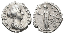 Faustina II, AD 147-176. AR, Denarius. 3.18 g. 16.72 mm. Rome.
Obv: FAVSTINA AVGVSTA. Bust of Faustina the Younger, bare-headed, with hair waived and ...