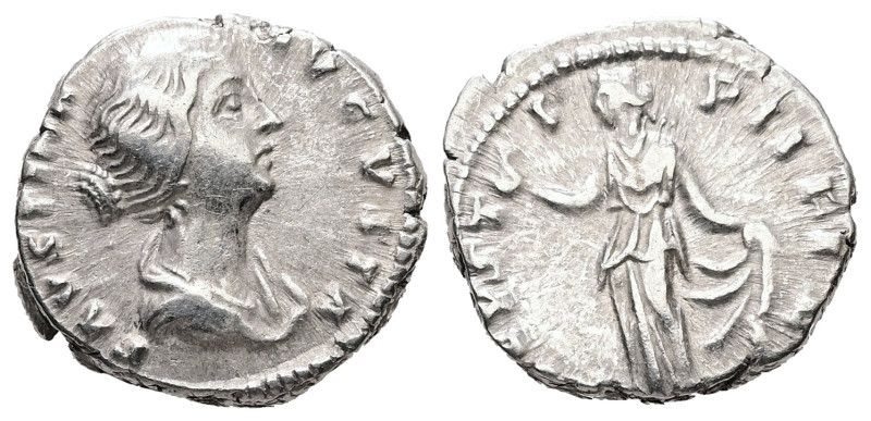 Faustina II, AD 147-176. AR, Denarius. 3.18 g. 16.87 mm. Rome.
Obv: FAVSTINA AVG...