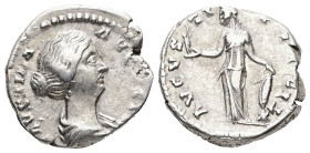 Faustina II, AD 147-175. AR, Denarius. 3.40 g. 17.37 mm. Rome.
Obv: FAVSTINA AVGVSTA. Bust of Faustina the Younger, bare-headed, with hair waived and ...