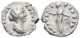 Faustina II, AD 147-175. AR, Denarius. 3.40 g. 17.59 mm. Rome.
Obv: FAVSTINA AVGVSTA: Bust of Faustina the Younger, bare-headed, with hair waived and ...