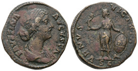 Faustina II, AD 147-175. AE, Sestertius. 27.30 g. 30.91 mm. Rome.
Obv: FAVSTINA AVGVSTA. Bust of Faustina the Younger, draped, hair elaborately waved ...