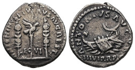 Marcus Aurelius and Lucius Verus. AD 165-169. AR, Denarius. 2.45 g. 18.00 mm. Rome.
Obv: ANTONINVS ET VERVS AVG REST LEG VI. Legionary eagle between t...