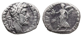 Marcus Aurelius, AD 161-180. AR, Denarius. 2.01 g. 17.90 mm. Rome.
Obv: Head of Marcus Aurelius, laureate, right.
Rev: Victory, winged, draped, advanc...