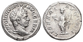 Caracalla, 198-217 AD. AR, Denarius. 2.18 g. 18.75 mm. Rome.
Obv: ANTONINVS PIVS AVG GERM. Head of Caracalla, laureate, bearded, right.
Rev: LIBERALIT...