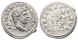 Caracalla, AD 198-217. AR, Denarius. 2.72 g. 19.93 mm. Rome.
Obv: ANTONINVS PIVS AVG BRIT. Head of Caracalla, laureate, bearded, right.
Rev: PROFECTIO...