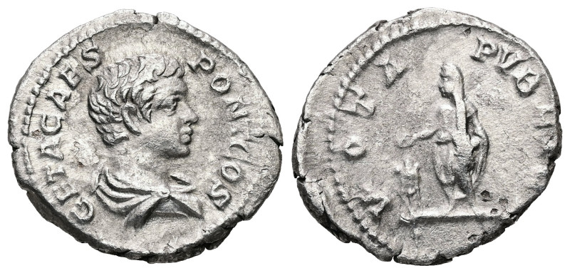 Geta as Caesar, AD 198-209. AR, Denarius. 3.30 g. 20.05 mm.
Obv: GETA CAES PONT ...