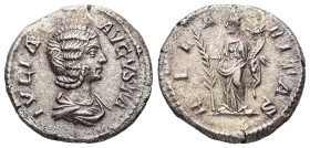 Julia Domna, AD 193-217. AR, Denarius. 2.25 g. 18.80 mm. Rome.
Obv: IVLIA AVGVSTA. Bust of Julia Domna, hair waved and coiled at back, draped, right.
...