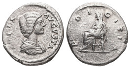 Julia Domna, AD 193-217. AR, Denarius. 2.44 g. 18.76 mm. Rome.
Obv: IVLIA AVGVSTA. Bust of Julia Domna, hair waved and coiled at back, draped, right.
...