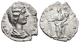 Julia Domna, AD 193-217. AR, Denarius. 2.60 g. 17.73 mm. Rome.
Obv: IVLIA AVGVSTA. Bust of Julia Domna, hair waved and coiled at back, draped, right.
...