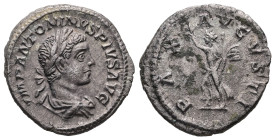 Elagabalus, AD 218-222. AR, Denarius. 3.49 g. 19.65 mm. Rome.
Obv: IMP ANTONINVS PIVS AVG. Bust of Elagabalus, laureate, draped, right.
Rev: PAX AVGVS...