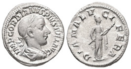 Gordian III, 238-244 AD. AR, Denarius. 2.79 g.19.51 mm. Rome.
Obv: IMP GORDIANVS PIVS FEL AVG. Bust of Gordian III, laureate, draped, cuirassed, right...