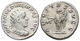 Philip I, AD 244-249. AR, Antoninianus. 3.90 g. 21.50 mm. Antioch.
Obv: IMP M IVL PHILIPPVS AVG. Bust of Philip, radiate, draped, cuirassed, right.
Re...