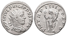 Philip I, AD 244-249. AR, Antoninianus. 3.58 g. 22.44 mm. Antioch.
Obv: IMP M IVL PHILIPPVS AVG. Bust of Philip the Arab, radiate, draped, cuirassed, ...
