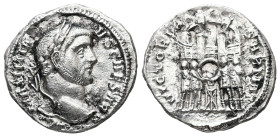 Galerius as Caesar, AD 293-305. Argenteus. 3.30 g. 19.45 mm. Uncertain mint.
Obv: MAXIMIANVS CAESAR. Head of Galerius, laureate, right.
Rev: VICTORIA ...