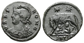 Constantine I ‘The Great’, AD 307-337. AE, Follis. 2.20 g. 18.58 mm. Thessalonica.
Obv: VRBS ROMA. Bust of Roma, helmeted, wearing imperial cloak, lef...
