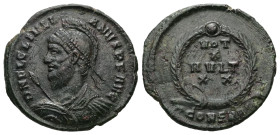Julian II, AD 360-363. AE, Follis. 2.96 g. 20.72 mm. Constantinople.
Obv: D N FL CL IVLIANVS P F AVG. Bust of Julian, helmeted, pearl-diademed, cuiras...