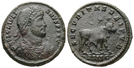 Julian II Apostata, 361-363 AD. Double Maiorina, 8.69 g. 29.03 mm. Uncertain mint.
Obv: D N FL CL IVLIANVS P F AVG. Bust of Julian, pearl-diademed, dr...