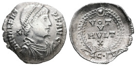 Valens, AD 364-378. AR, Siliqua. 1.56 g. 17.87 mm. Constantinopolis.
Obv: D N VALENS P F AVG. Bust of Valens, rosette-diademed, draped and cuirassed, ...