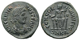 Gratian, AD 367-383. AE. 2.59 g. 19.35 mm. Kyzikos.
Obv: D N GRATIANVS P F AVG. Bust of Gratian, pearl-diademed, draped and cuirassed, right.
Rev: CON...