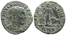 Moesia Superior, Viminacium. Philip I, AD 243/4. AE. 14.87 g. 28.14 mm.
Obv: IMP M IVL PHILIPPVS AVG. Laureate, draped and cuirassed bust of Philip I,...