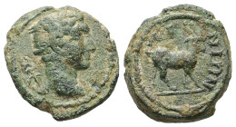 Thrace, Aenus. Pseudo-autonomous, 2nd century. AE. 3.12 g 16.15 mm .
Obv: Head of Hermes wearing winged petasus, right; to left, caduceus.
Rev: ΑΙΝΙΩΝ...