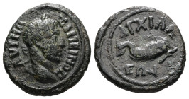 Thrace, Anchialus. Maximinus I, AD 235-238. AE. 3.95 g. 19.11 mm.
Obv: ΑΥΤ ΜΑΞΙΜΕΙΝΟϹ. Laureate head of Maximinus, right.
Rev: ΑΓΧΙΑΛΕΩΝ. Dolphin, rig...
