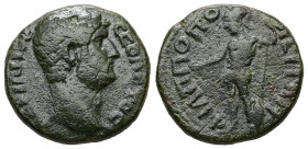 Thrace, Philippopolis. Hadrian, AD 117-138. AE. 5.15 g. 19.64 mm.
Obv: ΑΔΡΙΑΝΟϹ ϹΕΒΑϹΤΟϹ. Bare head of Hadrian, right.
Rev: ΦΙΛΙΠΠΟΠΟΛΕΙΤΩΝ. Helmeted ...