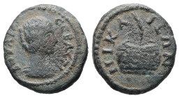 Bithynia, Nicaea, Julia Domna, AD 193-211. AE. 2.17 g. 15.07 mm.
Obv: IOYΛIA CEBACTH. Draped bust of Julia Domna, right. 
Rev: NIKAIEΩN. Prize urn con...