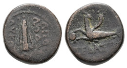 Caria, Trapezopolis. Augustus, 27 BC-14 AD. AE. 2.67 g. 13.91 mm.
Obv: ΑΠΟΛΛΟΔΟΤΟΣ ΛΥΚΩΤΟΥ, ΤΡΑΠ; quiver with bow and arow.
Rev: ΣΕΒΑΣΤΟΣ; capricorn, ...