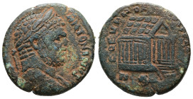 Phoenicia, Tyre. Caracalla, AD 198-217. AE.11.01 g. 25.53 mm.
Obv: Laureate head of Caracalla, right.
Rev: Temple of the Phoenician Koinon in perspe...
